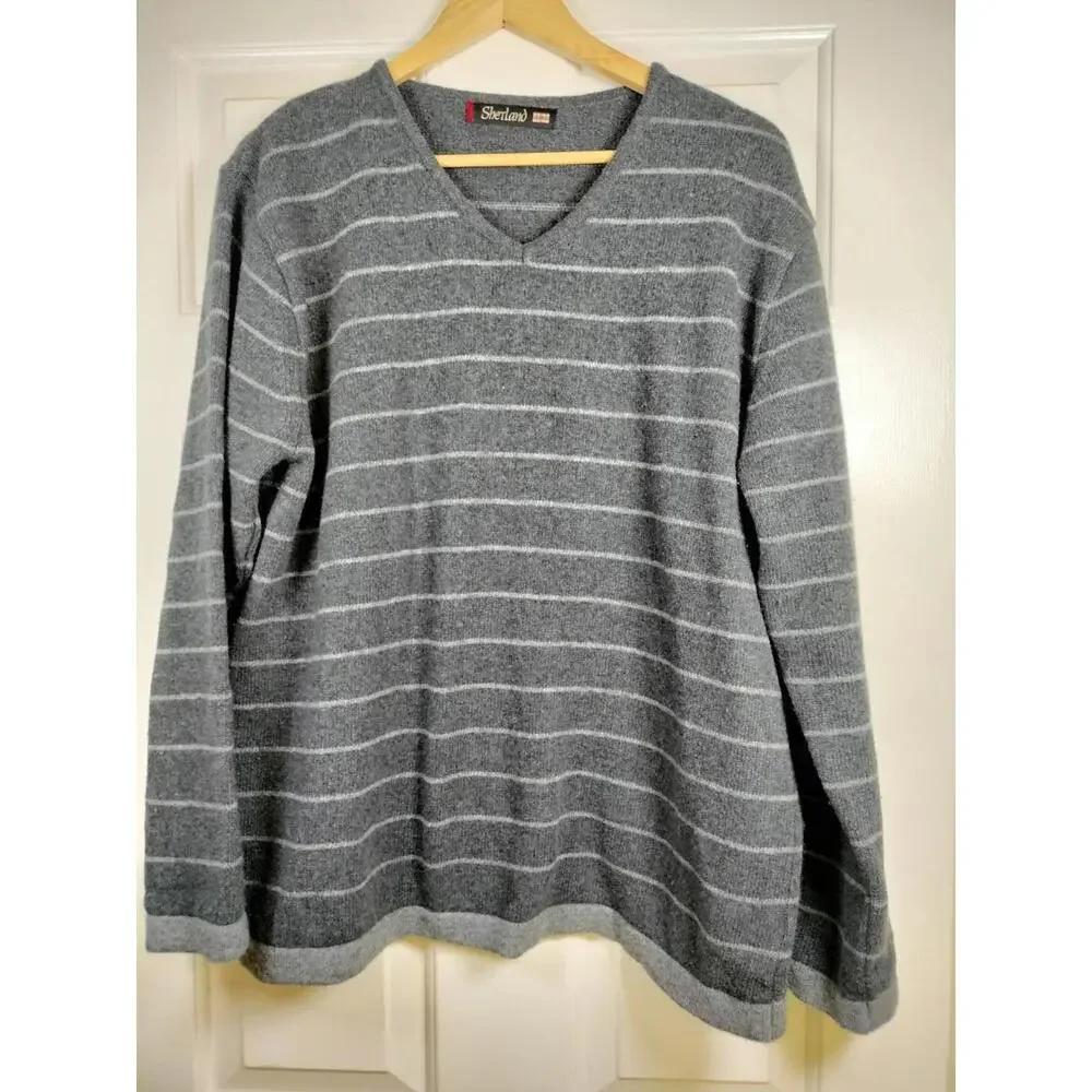 Vintage Sherland Lambswool Blend‎ Striped Sweater Grey V-Neck Large Grandpacore